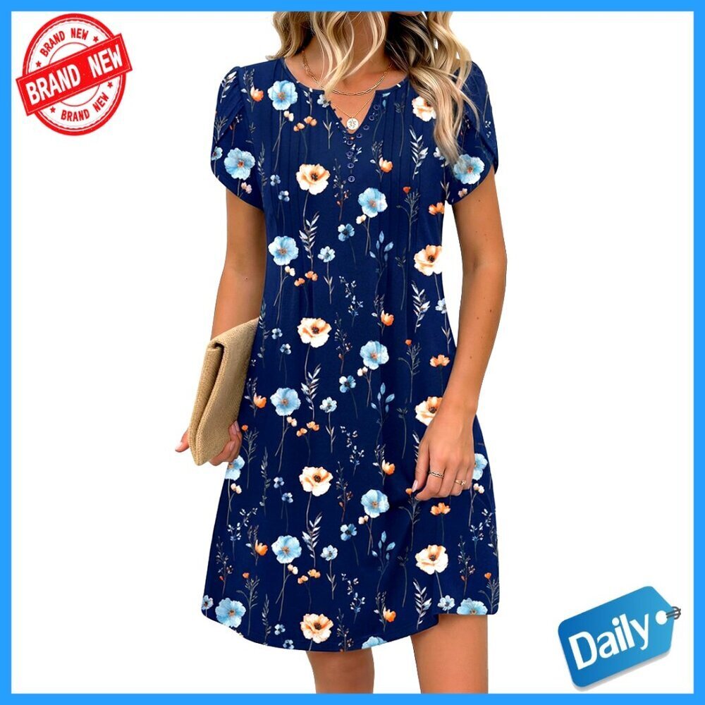 Summer Floral V-Neck A-Line Mini Dress with Pockets Short Sleeve Casual